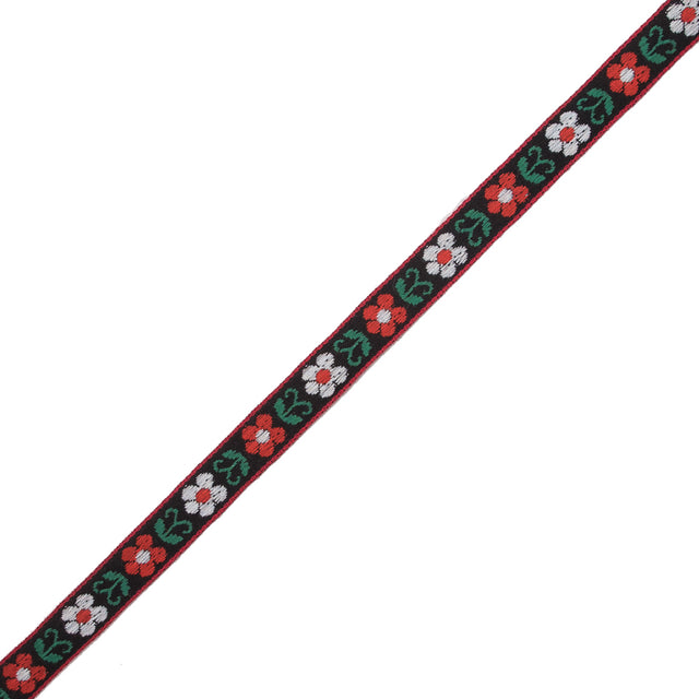 Red, Green and Black Floral German Jacquard Ribbon - 0.5"