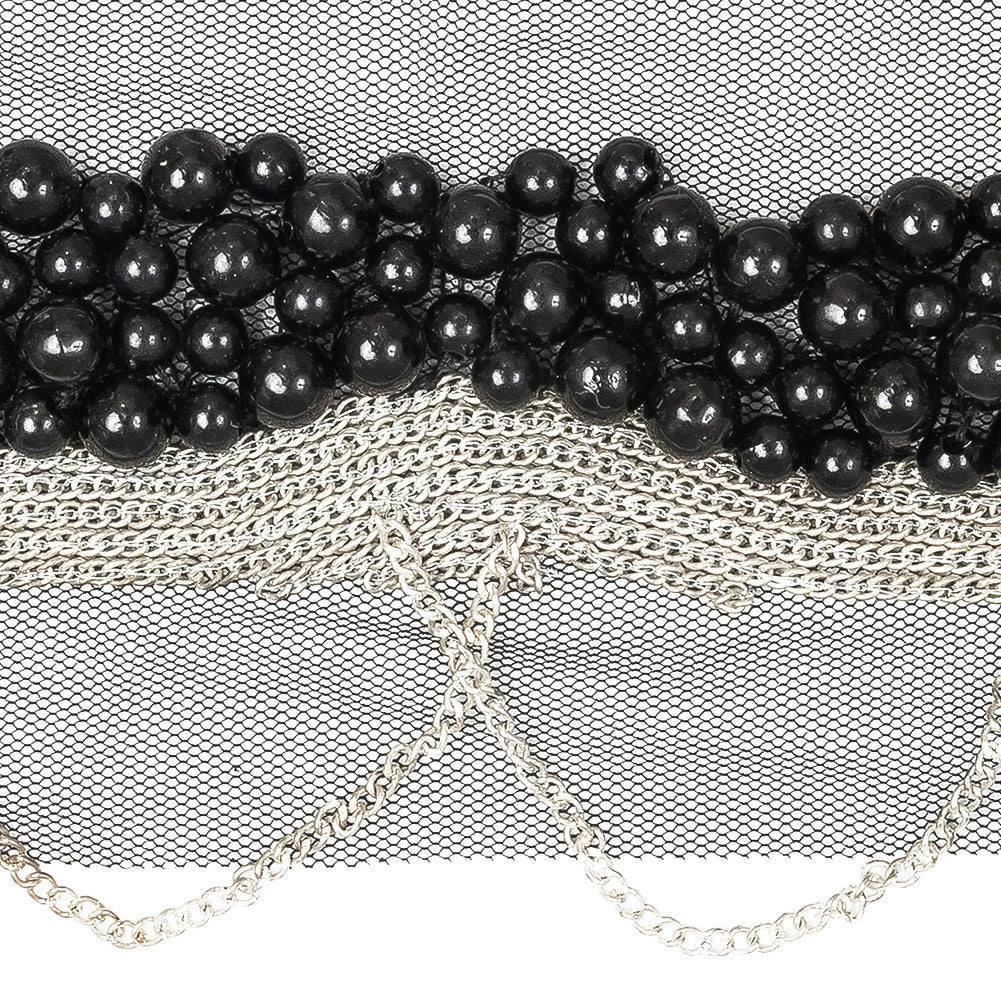 Italian Black Beaded Mesh Trimming with Silver Metal Chains - 3.5" Detail
