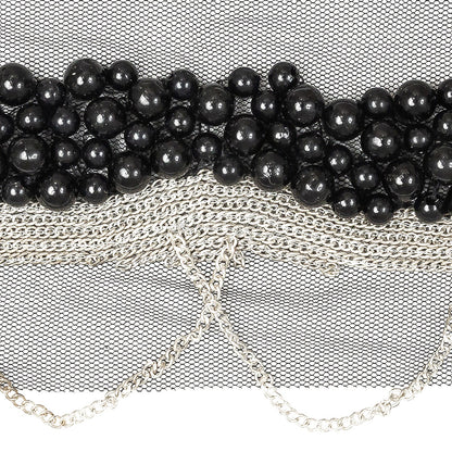 Italian Black Beaded Mesh Trimming with Silver Metal Chains - 3.5" Detail