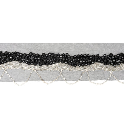 Italian Black Beaded Mesh Trimming with Silver Metal Chains - 3.5"