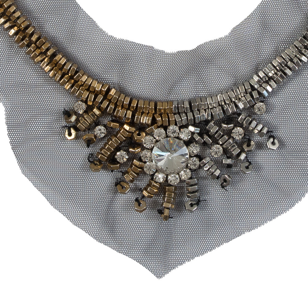 Italian Silver and Gold Beaded Rhinestone Neckline Applique on Black Mesh Detail