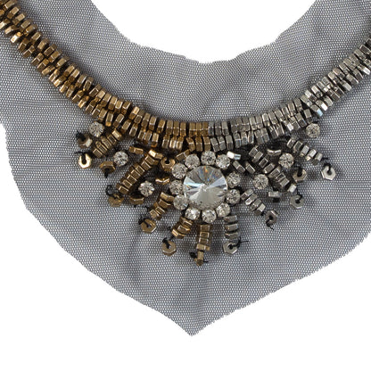 Italian Silver and Gold Beaded Rhinestone Neckline Applique on Black Mesh Detail