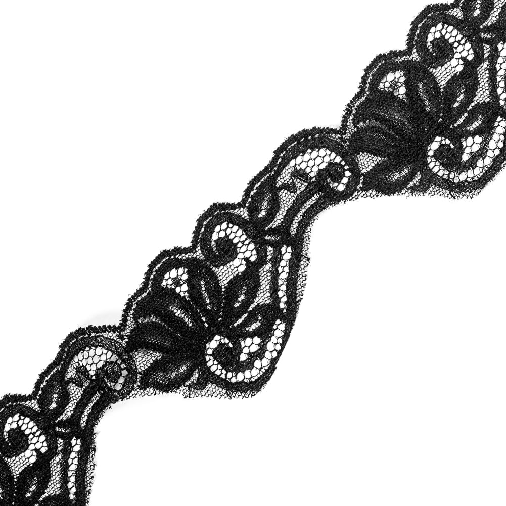 Black Floral Scalloped Lace Trim - 2.75" Detail