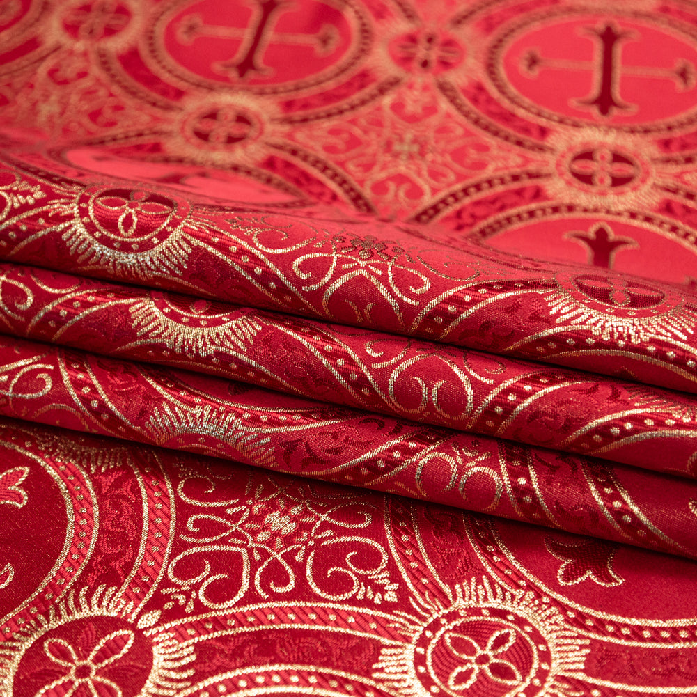 Red and Metallic Gold Ecclesiastical Medallion Jacquard Detail