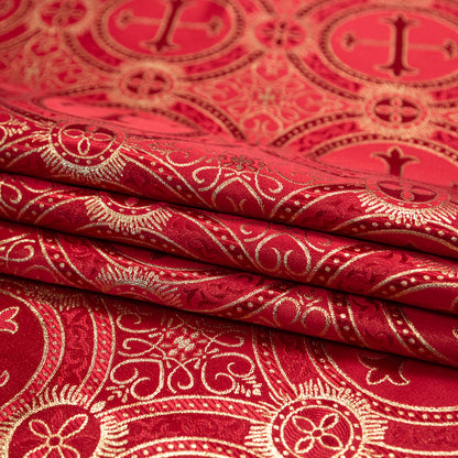 Red and Metallic Gold Ecclesiastical Medallion Jacquard Detail