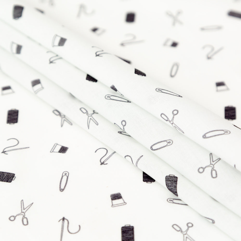 Egyptian Cotton Voile - White and Black Sewing Kit - Small Supplies Print - Mood Exclusive Haberdashery Collection Detail