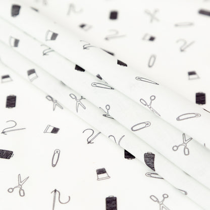 Egyptian Cotton Voile - White and Black Sewing Kit - Small Supplies Print - Mood Exclusive Haberdashery Collection Detail