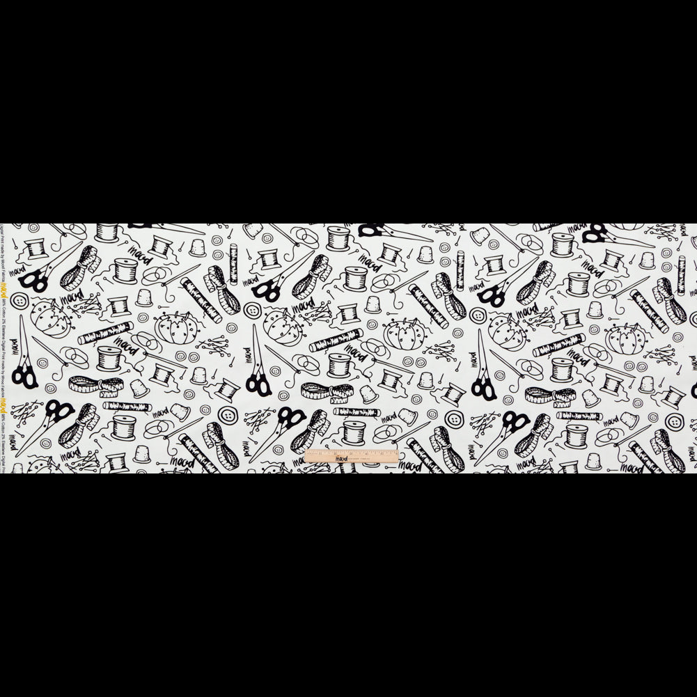 Stretch Carbon Brush Twill - White and Black Sewing Supplies - Sewing Knick Knacks Print - Mood Exclusive Haberdashery Collection Folded
