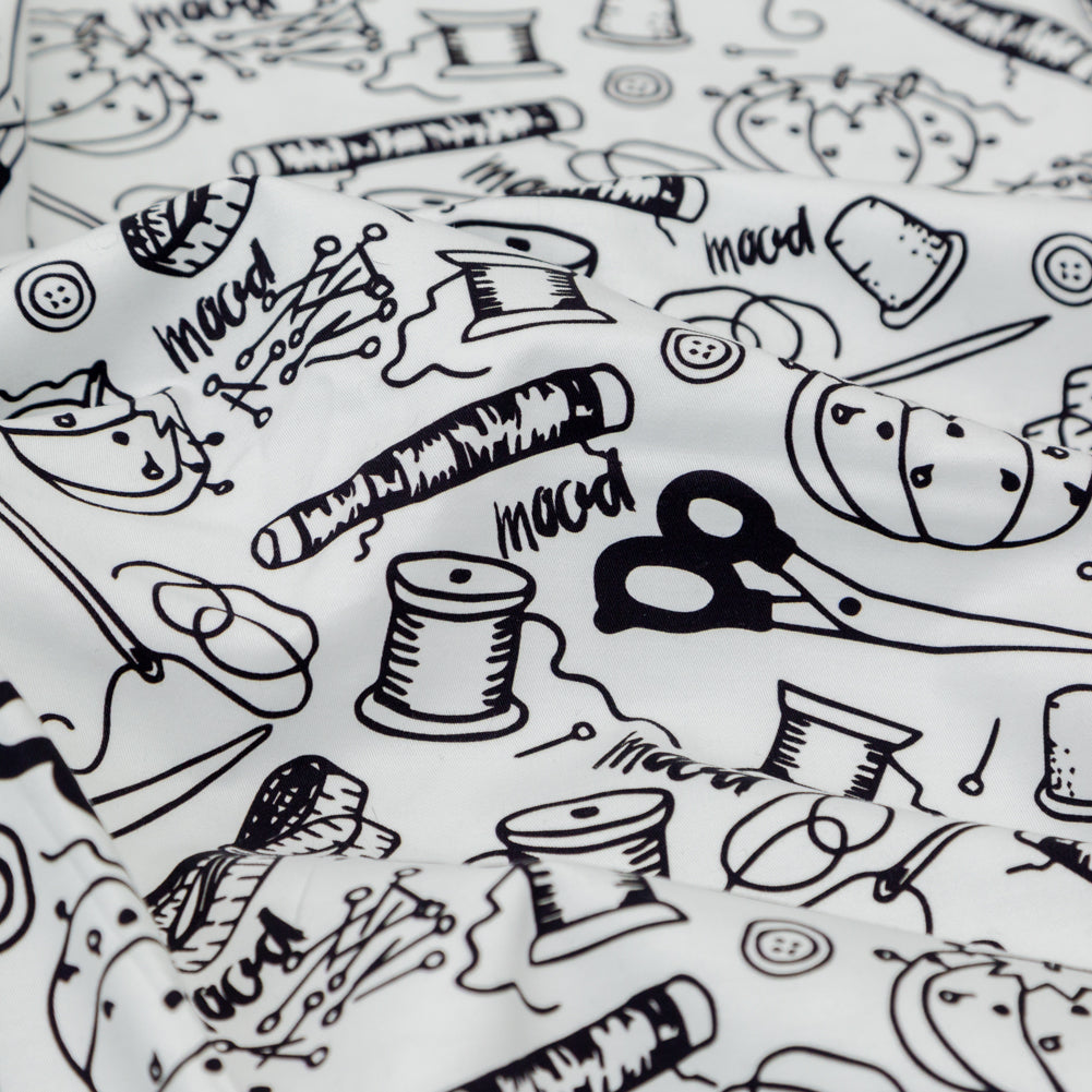 Stretch Carbon Brush Twill - White and Black Sewing Supplies - Sewing Knick Knacks Print - Mood Exclusive Haberdashery Collection Full