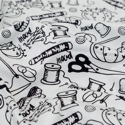 Stretch Carbon Brush Twill - White and Black Sewing Supplies - Sewing Knick Knacks Print - Mood Exclusive Haberdashery Collection Full