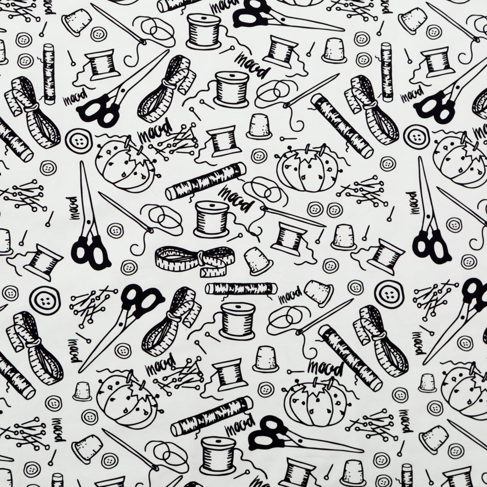 Stretch Carbon Brush Twill - White and Black Sewing Supplies - Sewing Knick Knacks Print - Mood Exclusive Haberdashery Collection
