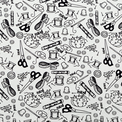 Stretch Carbon Brush Twill - White and Black Sewing Supplies - Sewing Knick Knacks Print - Mood Exclusive Haberdashery Collection
