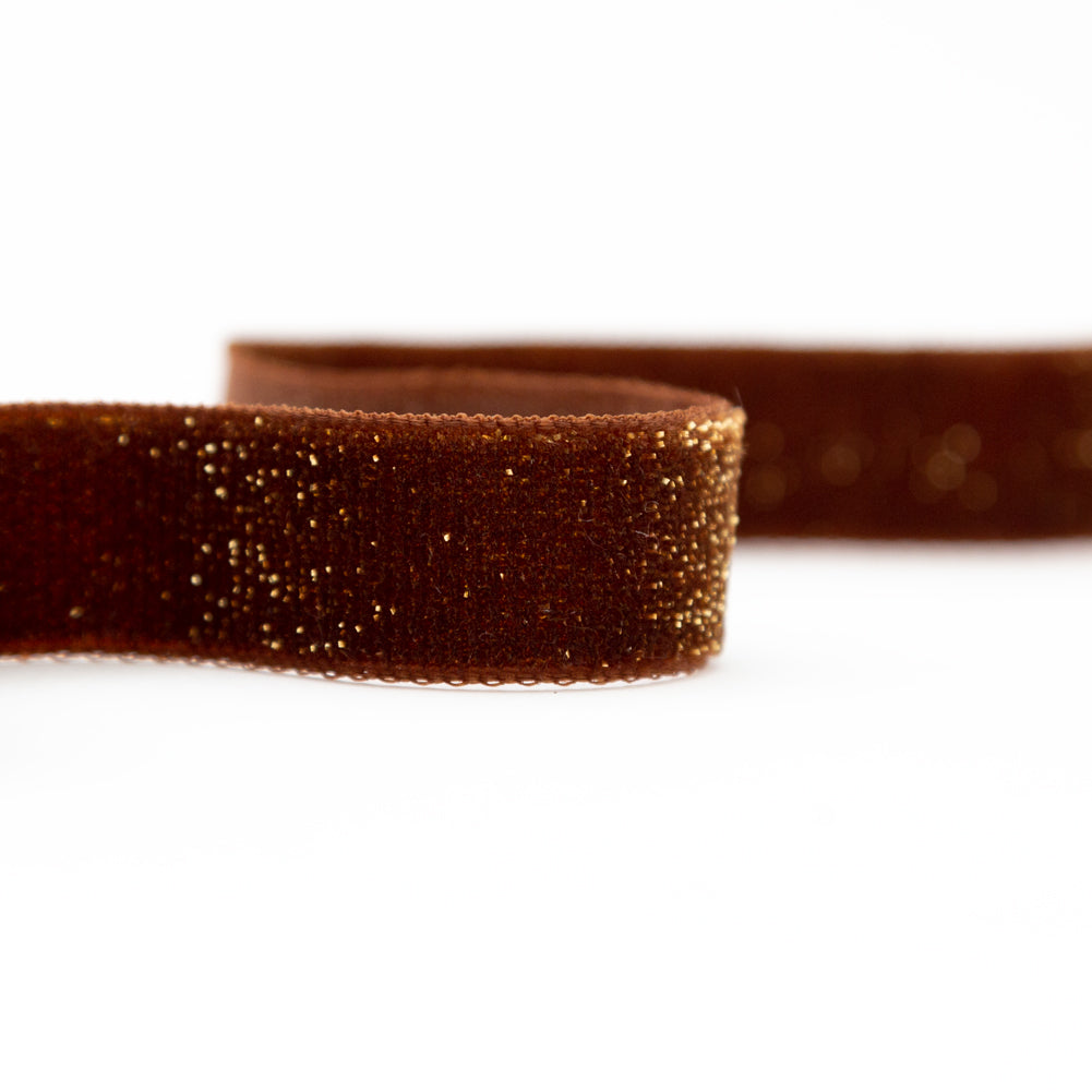 Italian Brownie and Gold Glitter Velvet Ribbon - 0.625" Detail