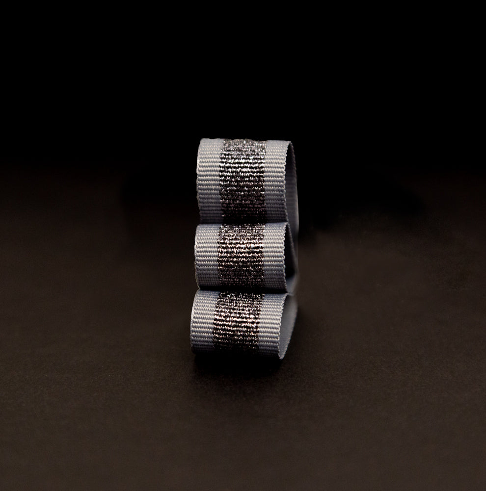 Italian Metallic Gunmetal and Gray Striped Grosgrain Ribbon - 0.625" Detail