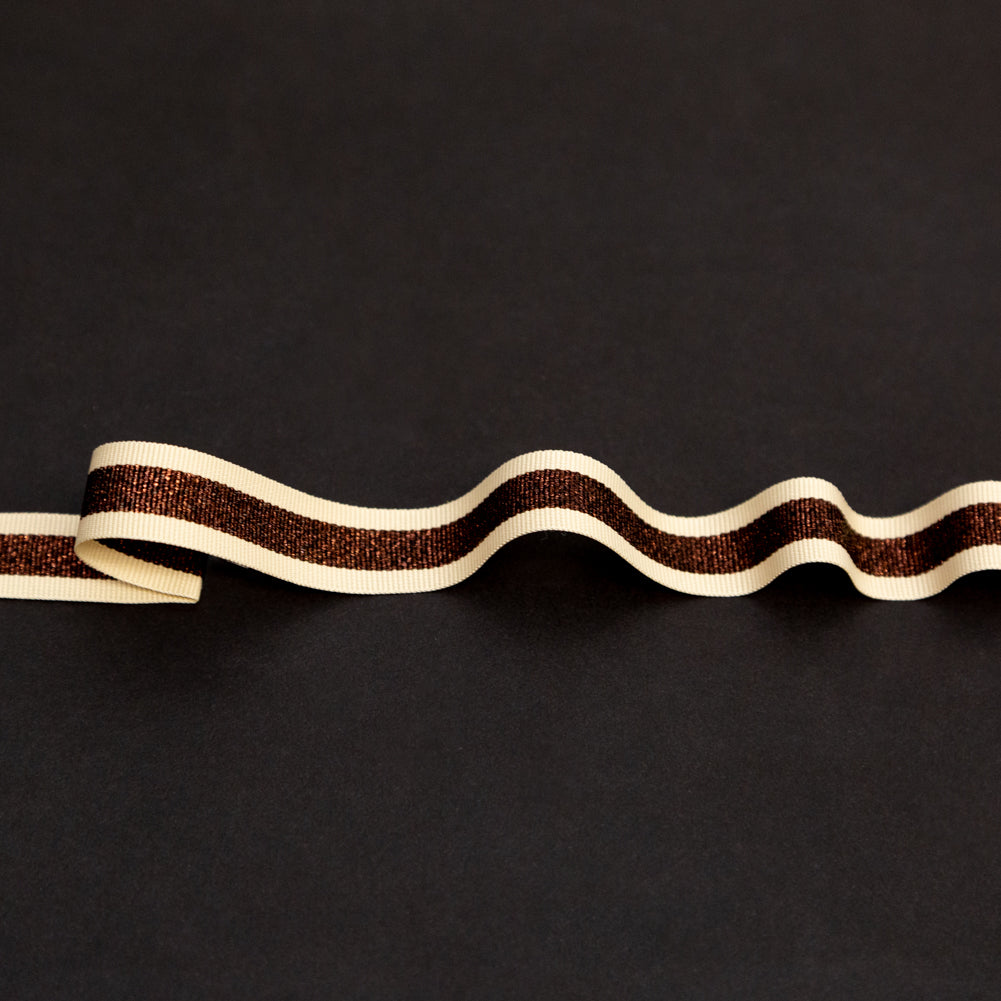 Italian Metallic Dark Copper and Tan Striped Grosgrain Ribbon - 0.625"