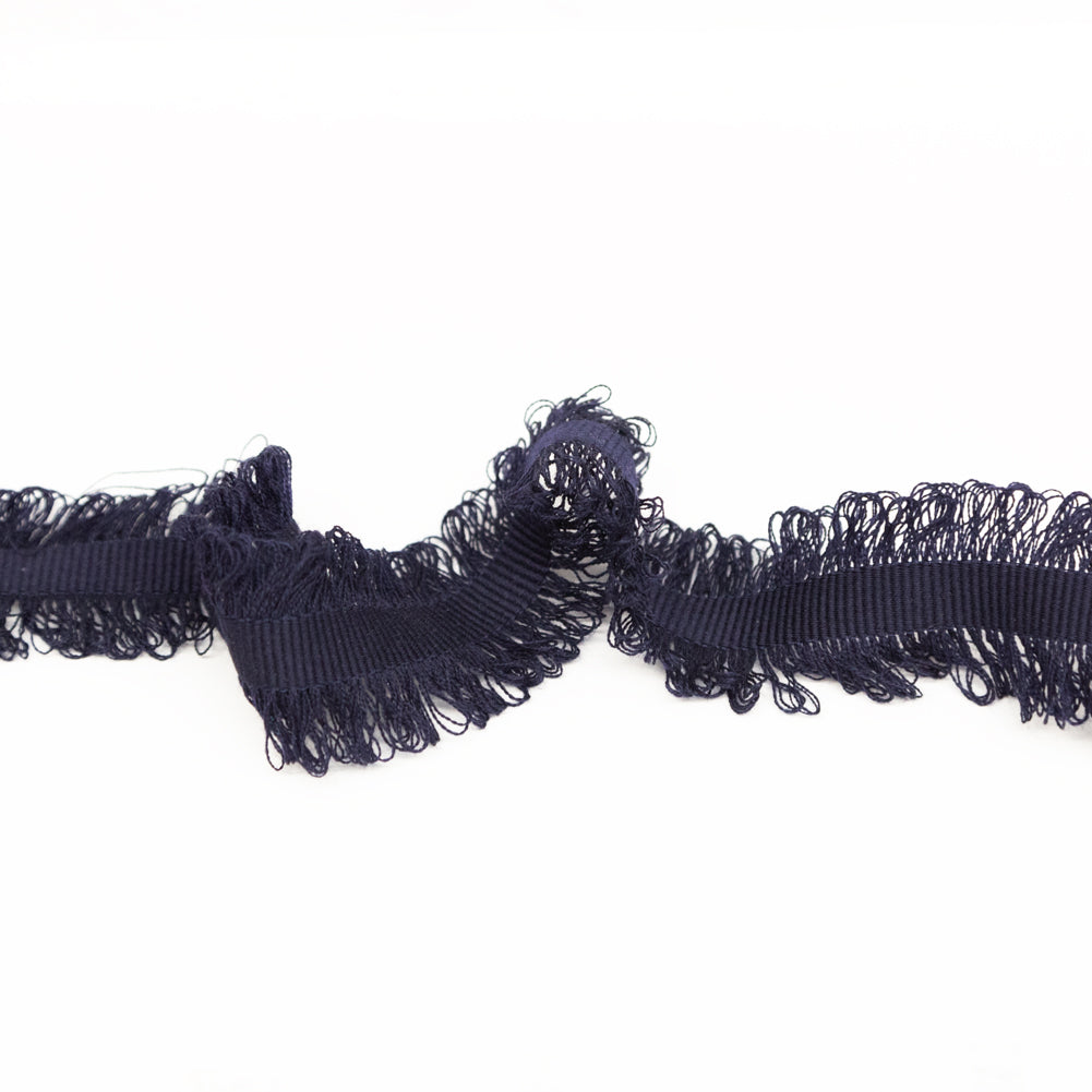 Italian Navy Wool Grosgrain Trim with Loop Fringe Edges - 1.5"