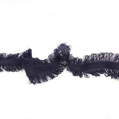 Italian Navy Wool Grosgrain Trim with Loop Fringe Edges - 1.5"