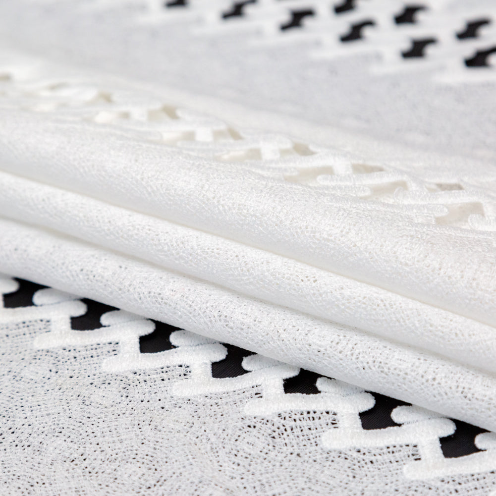 Polyester Lace with Finished Edges - White Lattice Stripes Folded