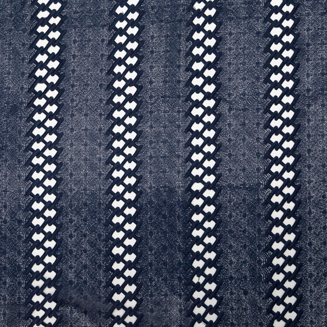 Polyester Lace with Finished Edges - Navy Lattice Stripes