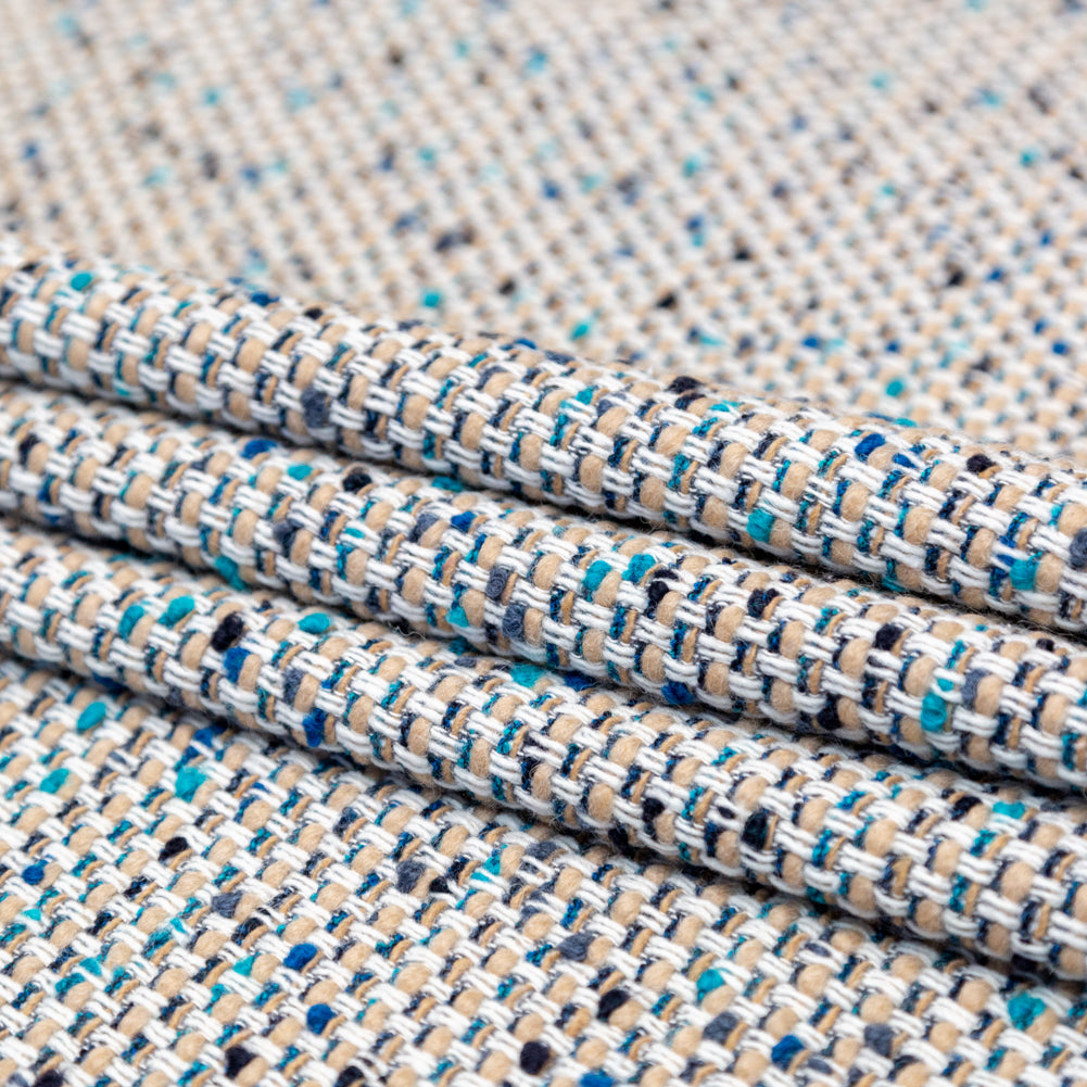 Beige, Blue and White Blended Wool Tweed Folded