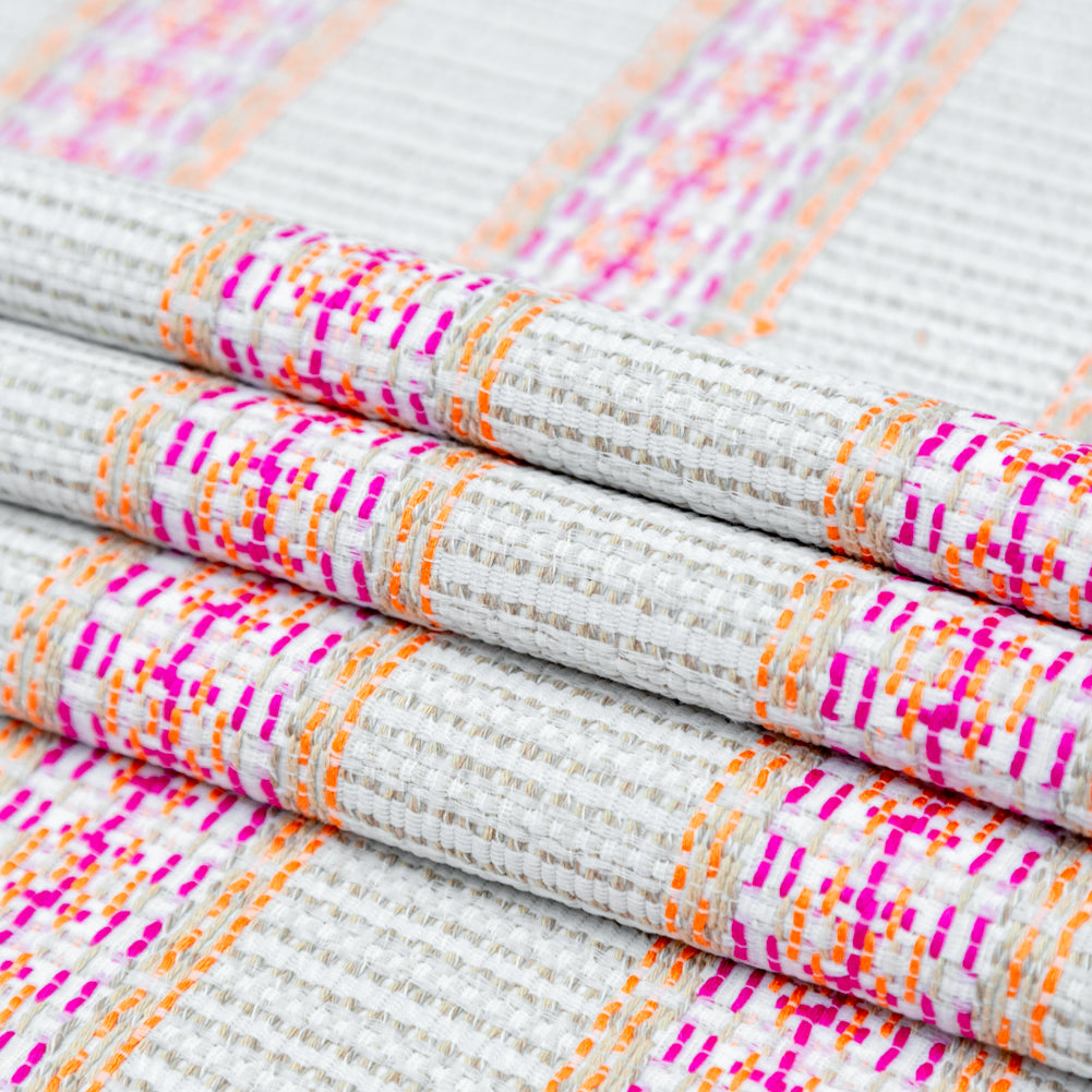 Magenta, Orange and Beige Awning Striped Cotton Tweed Folded