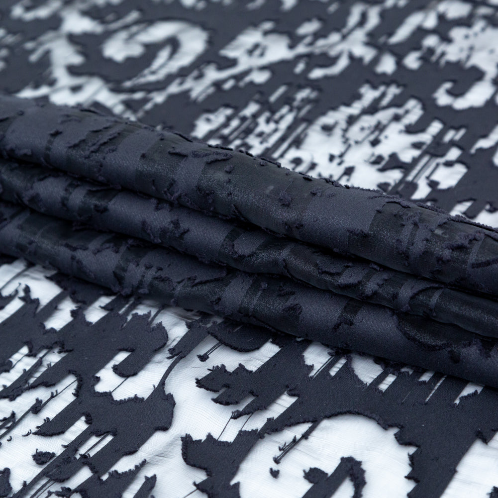 Shimmering Black Abstract Organza Burnout Folded