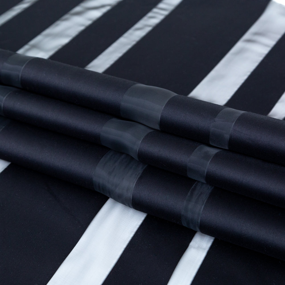 Italian Black Cotton Awning Striped Polyester Organza Folded