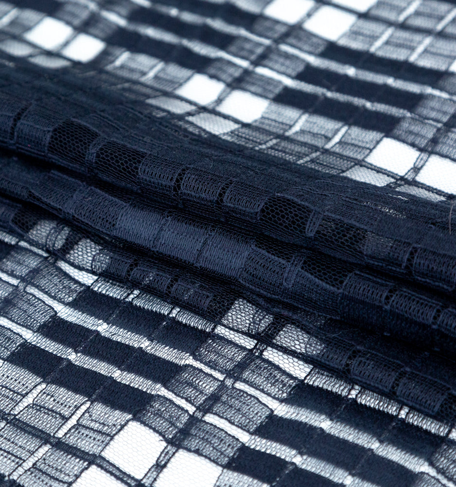 Midnight Navy Plaid Polyester Netting Folded