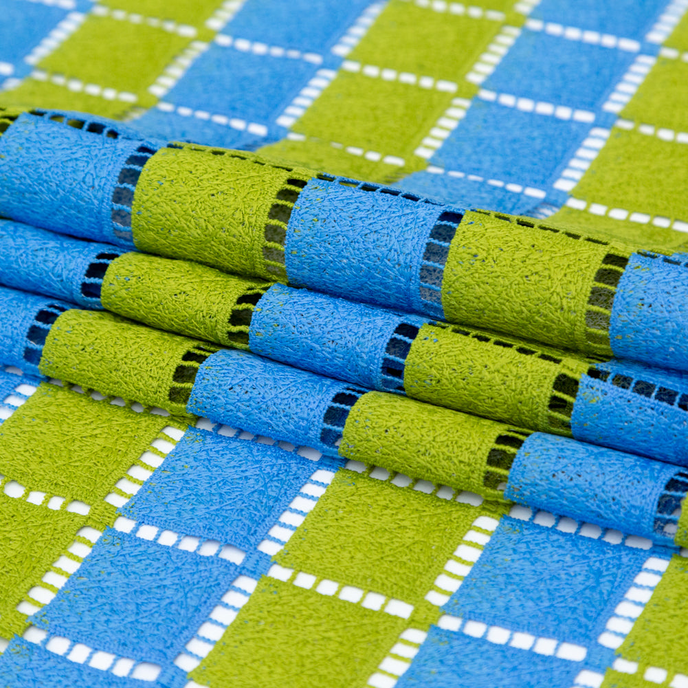 Guipure Lace - Lime and Rivera Blue Striped Squares Folded