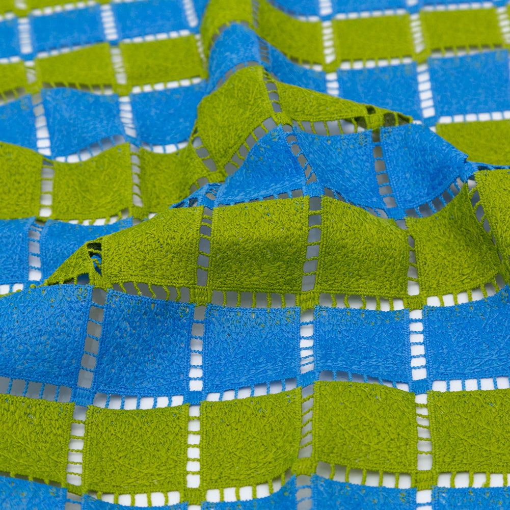 Guipure Lace - Lime and Rivera Blue Striped Squares Detail