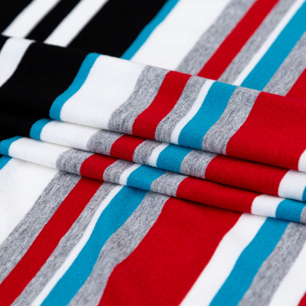 Very Cherry, Black and River Blue Barcode Striped Rayon Jersey Folded