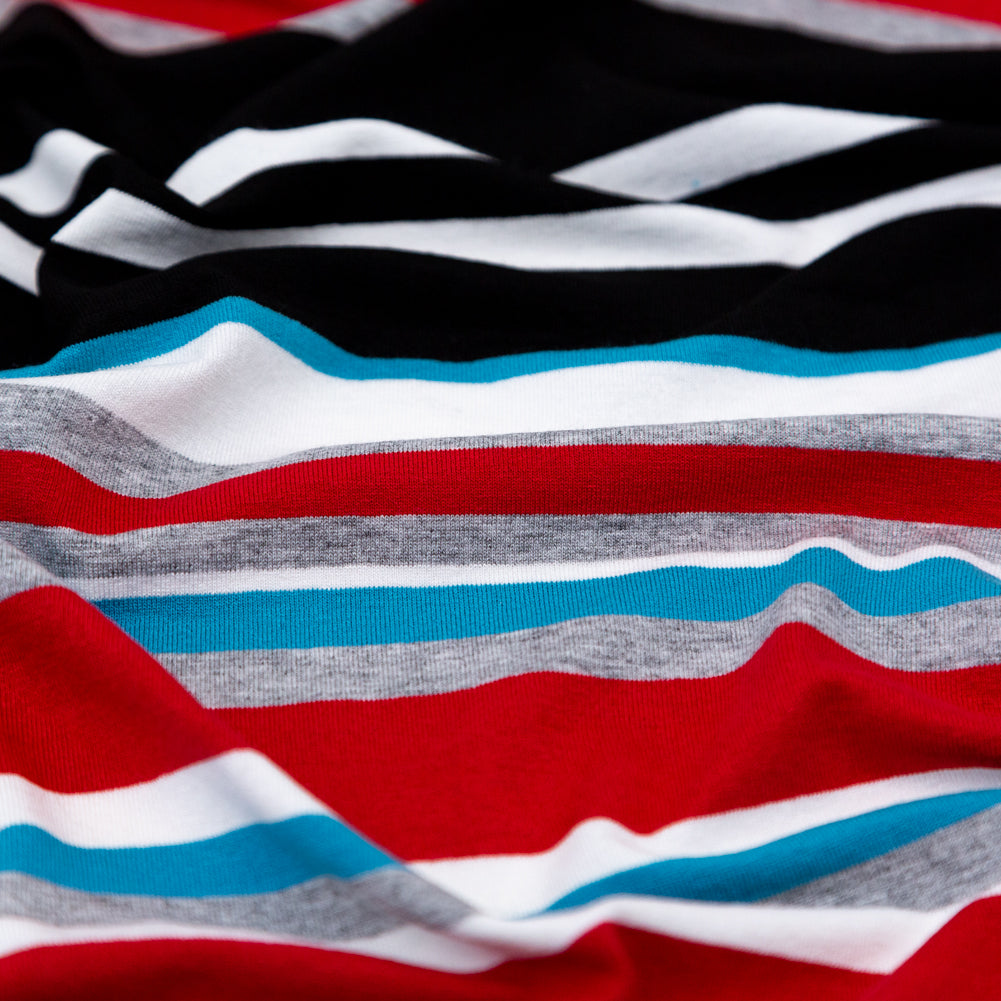 Very Cherry, Black and River Blue Barcode Striped Rayon Jersey Detail