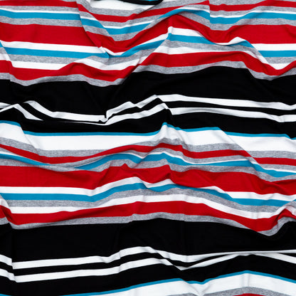 Very Cherry, Black and River Blue Barcode Striped Rayon Jersey