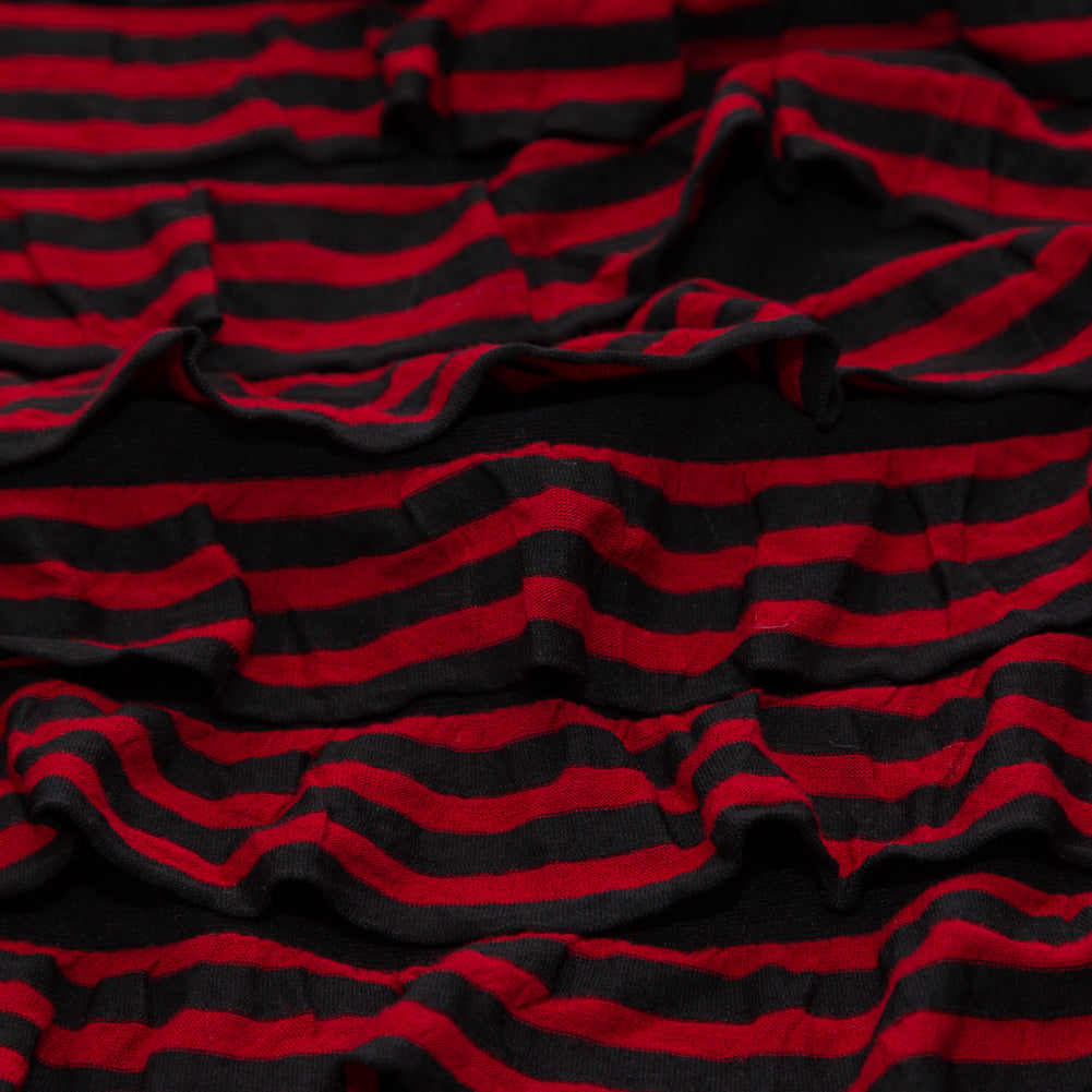 Black Polyester Jersey with Red and Black Bengal Striped Ruffles Detail