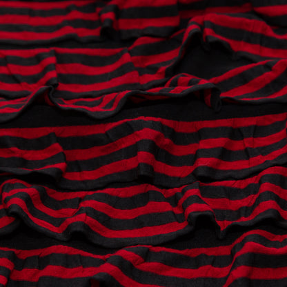 Black Polyester Jersey with Red and Black Bengal Striped Ruffles Detail