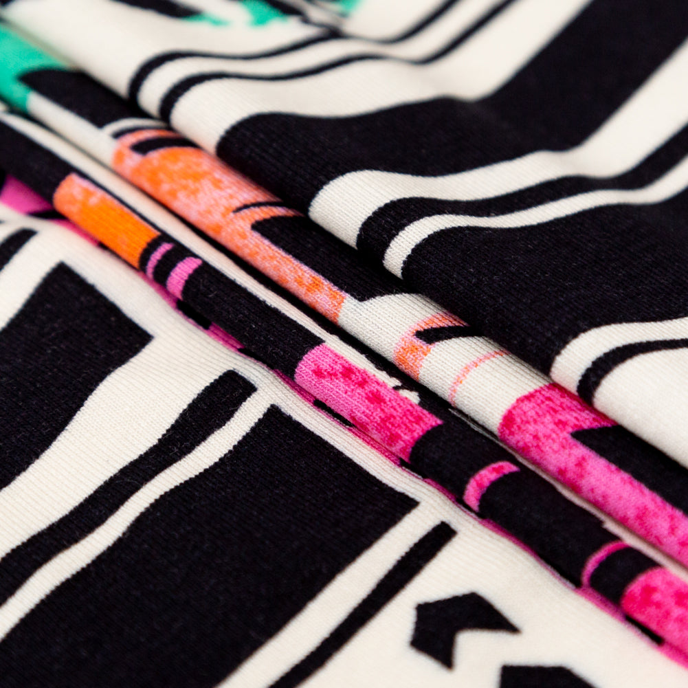 Black, Orange and Pink Geometric Printed Rayon Jersey Folded