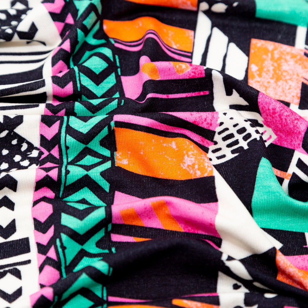 Black, Orange and Pink Geometric Printed Rayon Jersey Detail