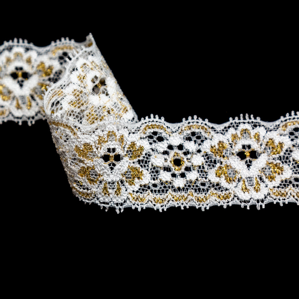 European White and Metallic Gold Stretch Lace Trim with Double Scalloped Edges - 1.25" Detail