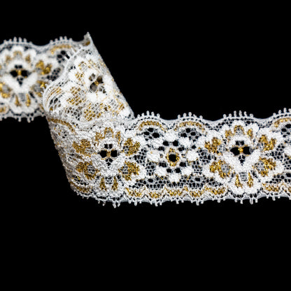 European White and Metallic Gold Stretch Lace Trim with Double Scalloped Edges - 1.25" Detail