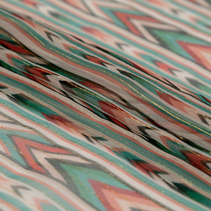 Jade and Coral Geometric Crinkled Silk Chiffon with Metallic Gold Stripes Folded