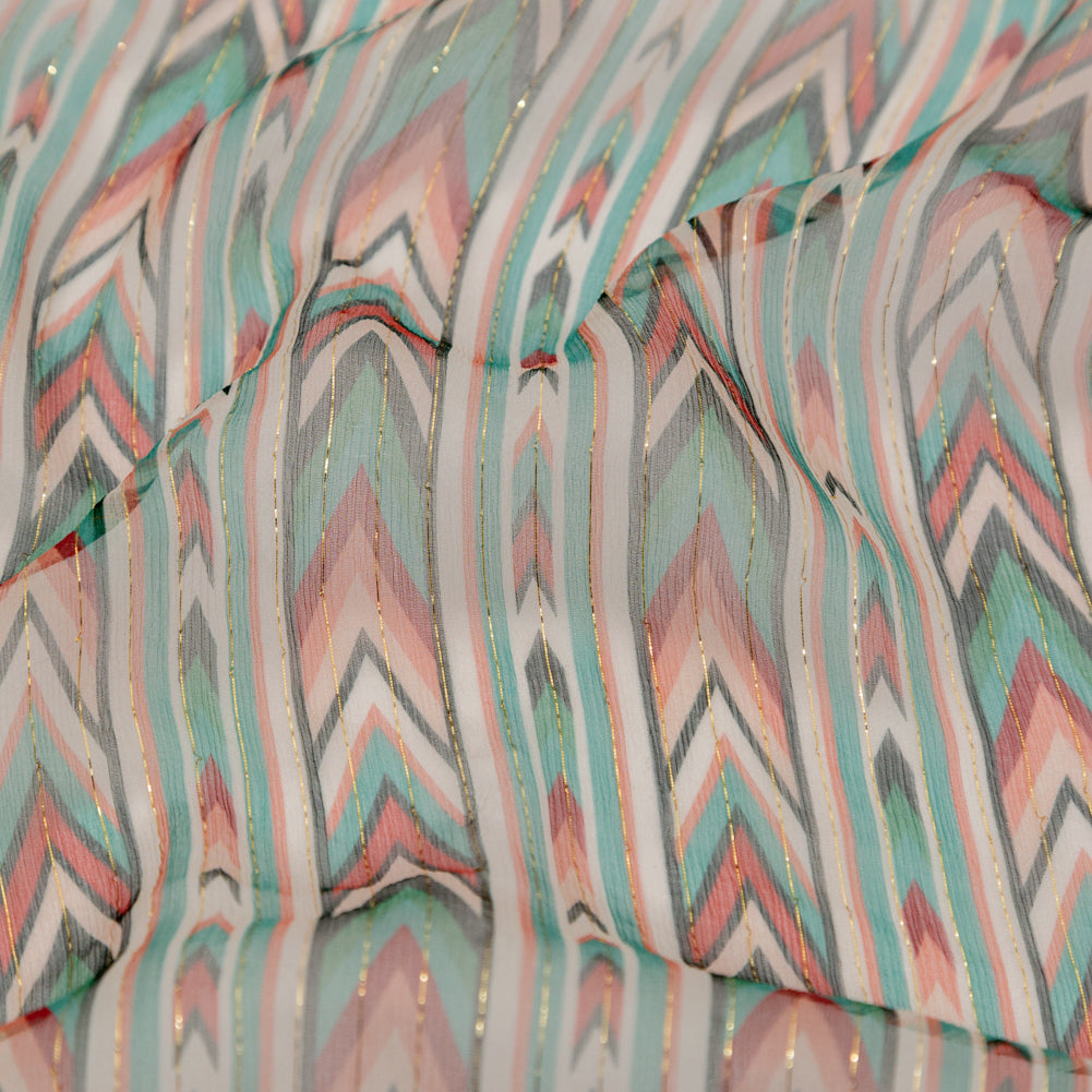 Jade and Coral Geometric Crinkled Silk Chiffon with Metallic Gold Stripes Detail