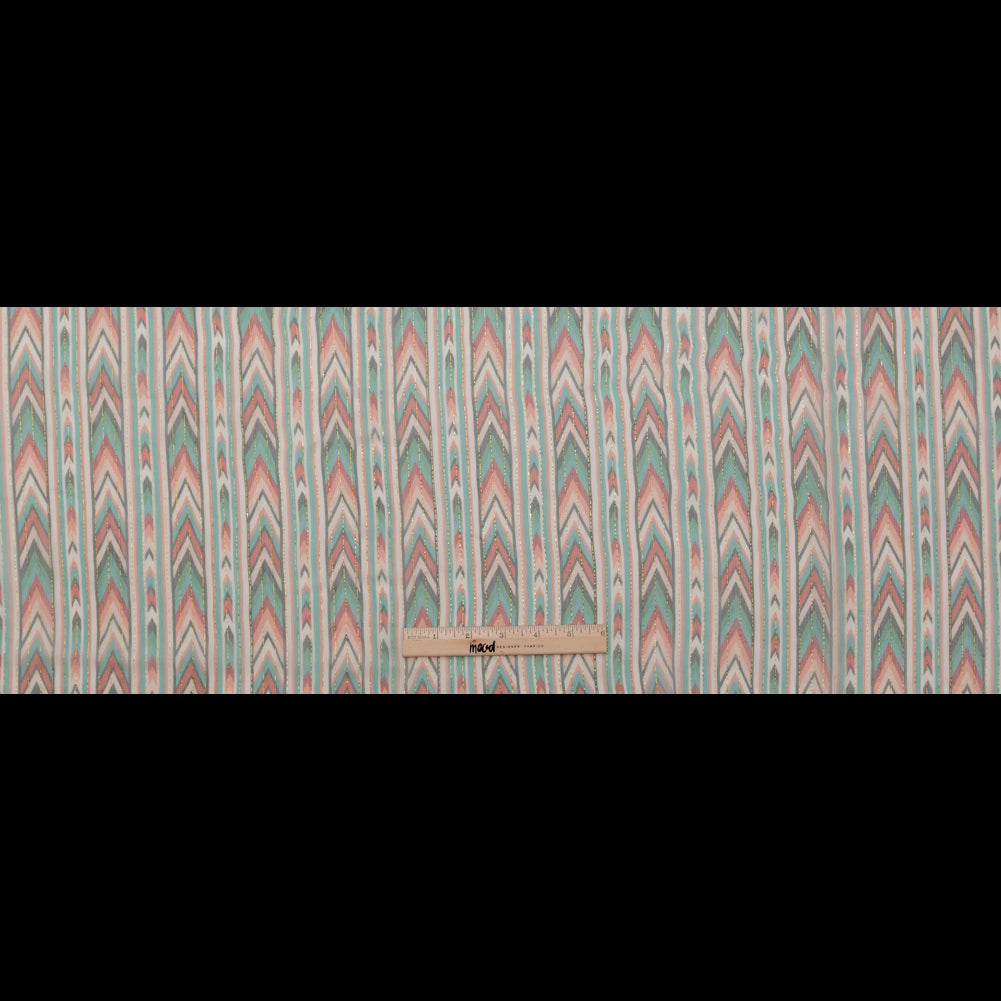 Jade and Coral Geometric Crinkled Silk Chiffon with Metallic Gold Stripes Full