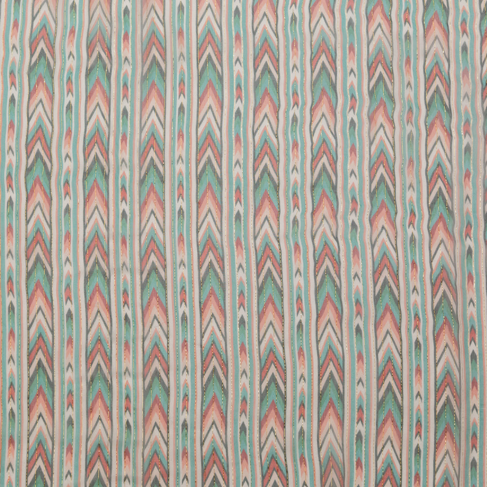Jade and Coral Geometric Crinkled Silk Chiffon with Metallic Gold Stripes