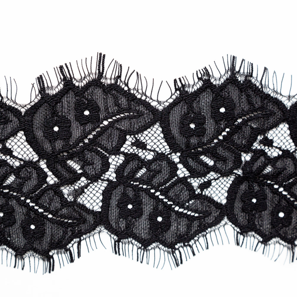 European Black Leaf Embroidered Scalloped Eyelash Edge Lace Trim - 3.5" Detail