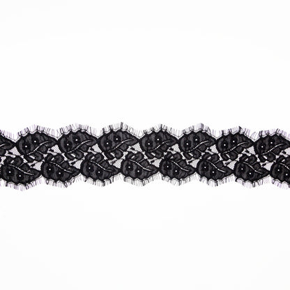 European Black Leaf Embroidered Scalloped Eyelash Edge Lace Trim - 3.5"