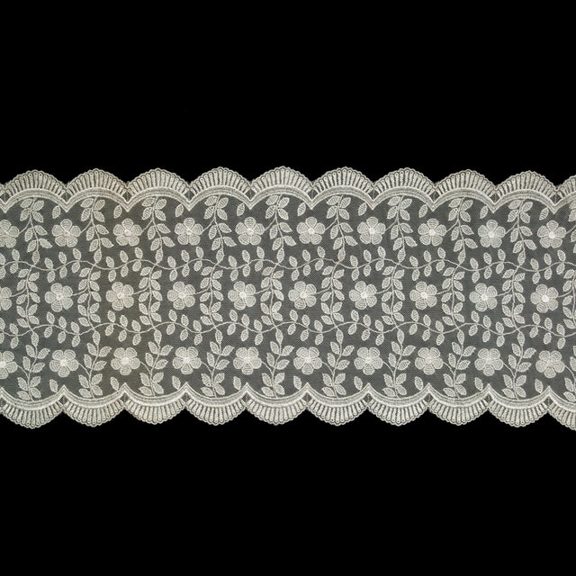 European Ivory Floral Embroidered Stretch Scalloped Lace Trim - 8"