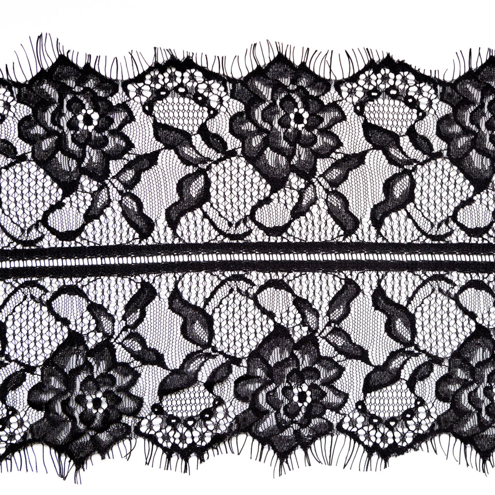 European Black Floral Scalloped Eyelash Lace Trim - 7.75" Detail