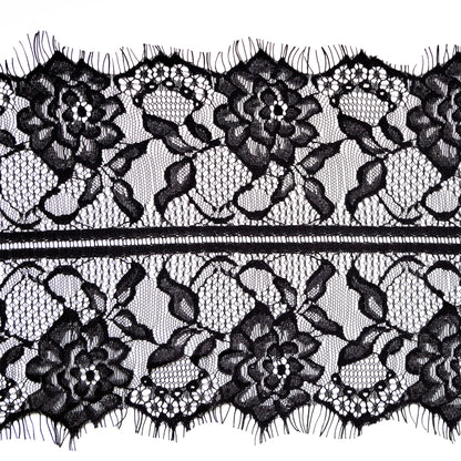 European Black Floral Scalloped Eyelash Lace Trim - 7.75" Detail