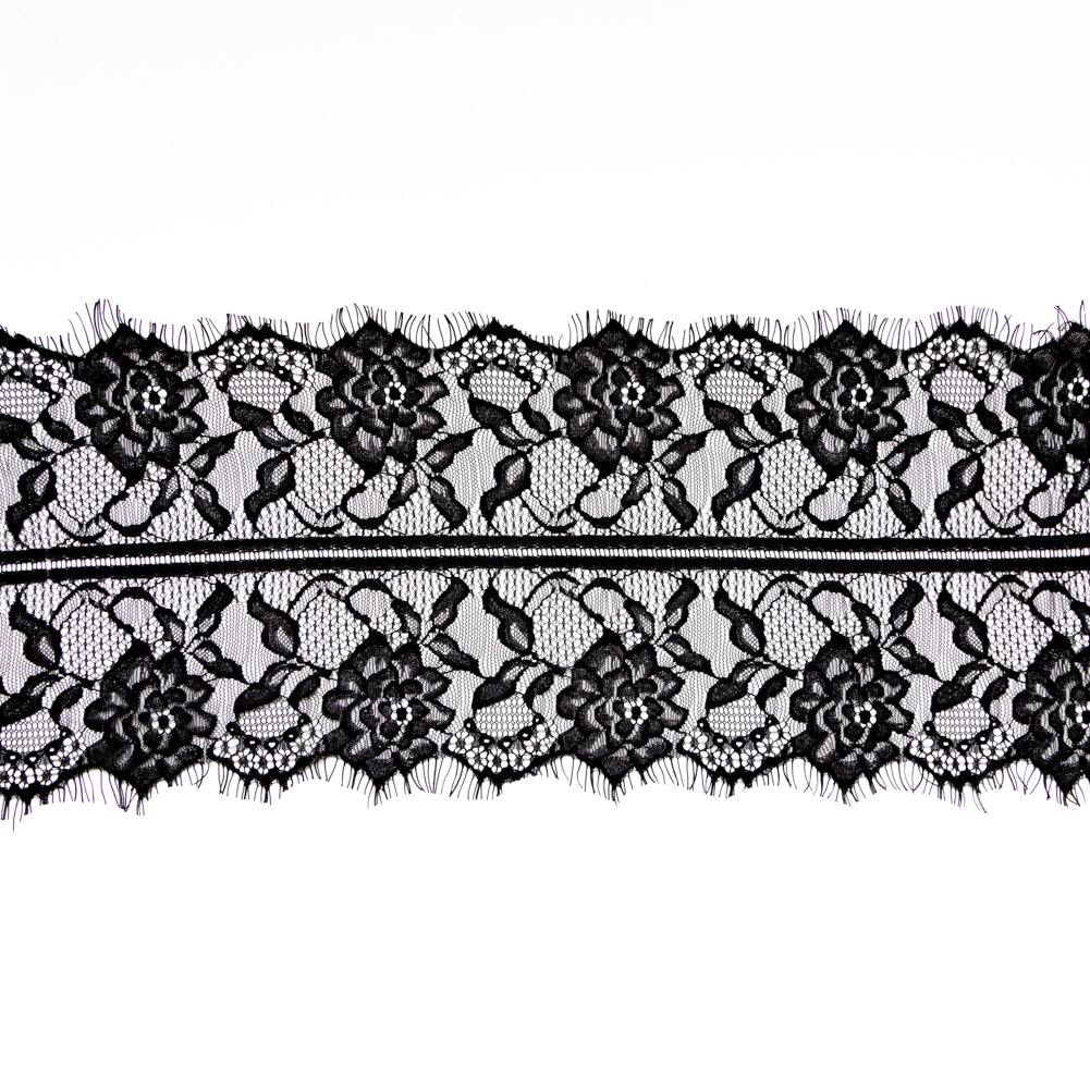 European Black Floral Scalloped Eyelash Lace Trim - 7.75"