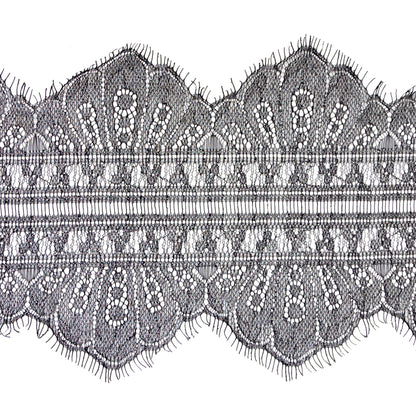 European Black and Metallic Silver Chantilly Eyelash Lace Trim - 7.25" Detail